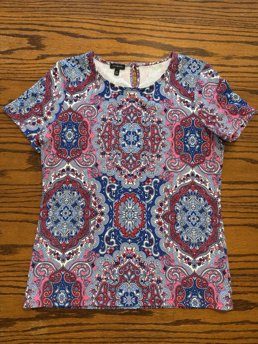 Talbots Top Womens M Blue Pink Paisley Print Short Sleeve Stretch Tee Ladies